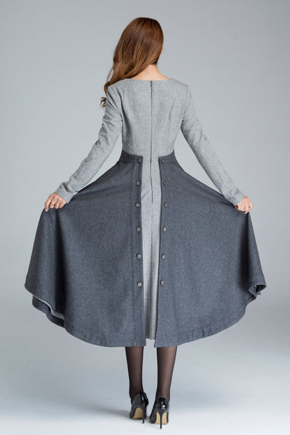 Gray Wool Midi Dress - A-Line Square Neck | Xiaolizi 1615