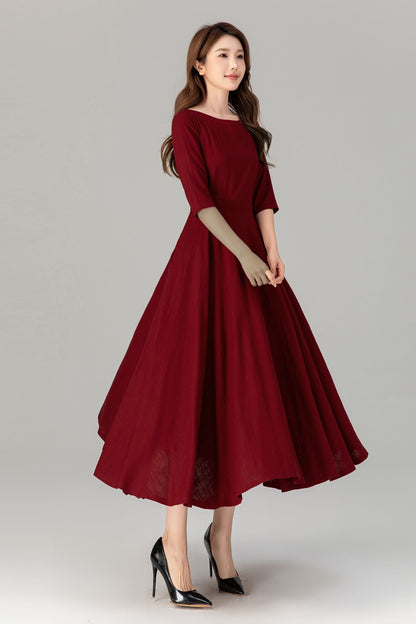 Burgundy Linen Midi Dress – Handmade Romantic Fit & Flare Summer Dress with Pockets | Xiaolizi 4908