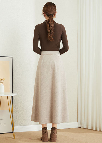 Brown Wool A-Line Midi Skirt - High Waist Winter Essential 3861