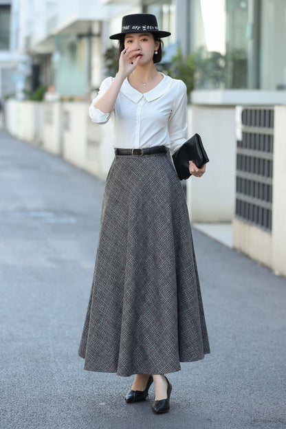 Gray Plaid Wool Maxi Skirt – Vintage High Waist Winter Skirt with Pockets 3106