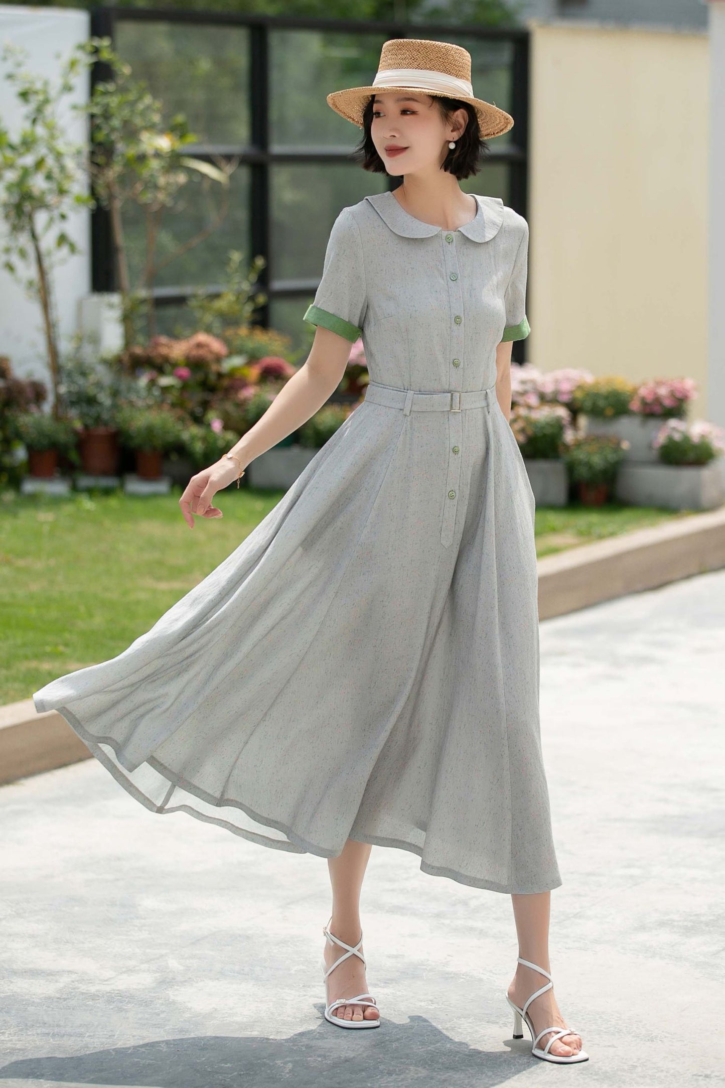 Grey midi Swing linen shirt Dress 5987 - S #CK2500324