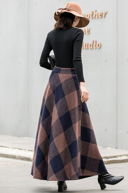 Plaid Wool Maxi Skirt - Vintage Inspired Pleated Circle 2837