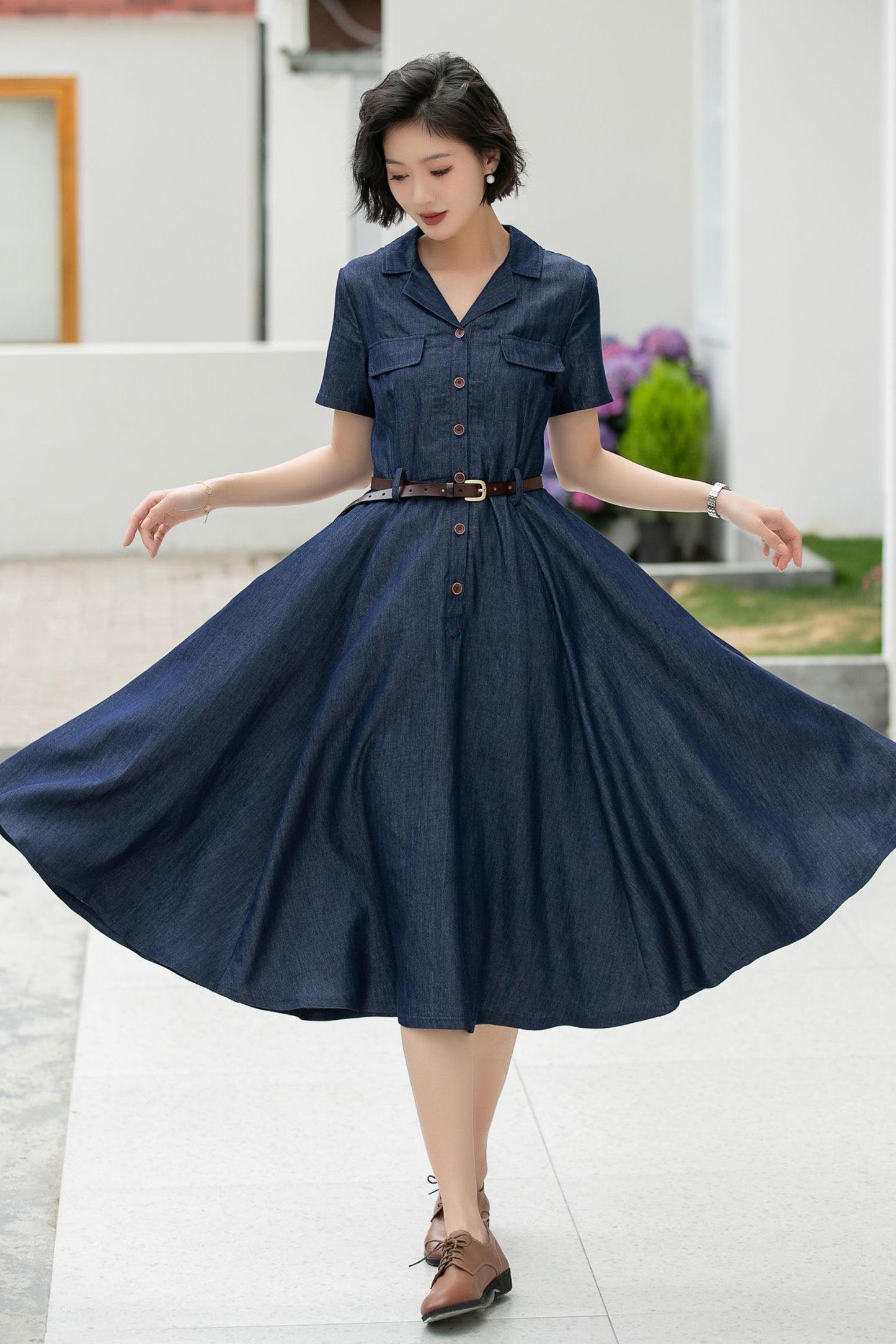 Women’s Tencel Blend Shirt Dress – Retro Button Up Midi Dress 5989