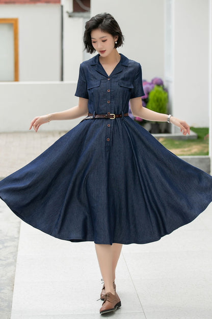 Women’s Tencel Blend Shirt Dress – Retro Button Up Midi Dress 5989
