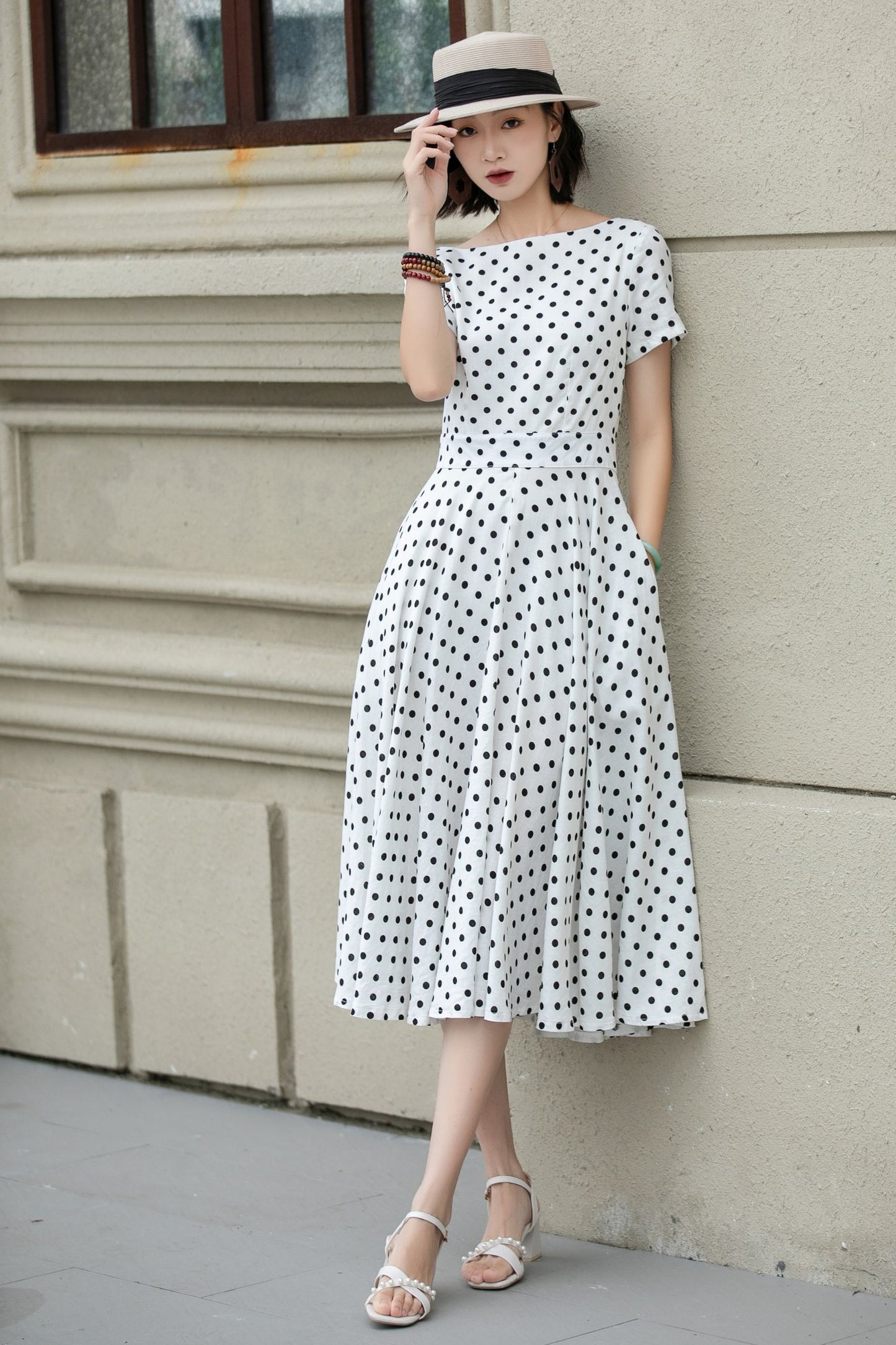 Black and white polka dot summer linen dress 5225