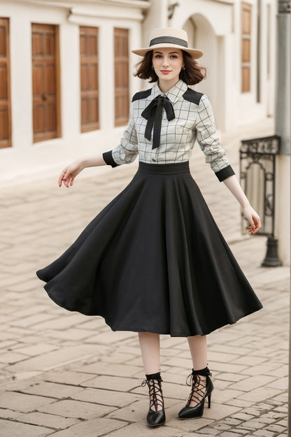 Plaid Linen Cotton A-Line Midi Dress - Relaxed Fit, Shirt Collar 5686