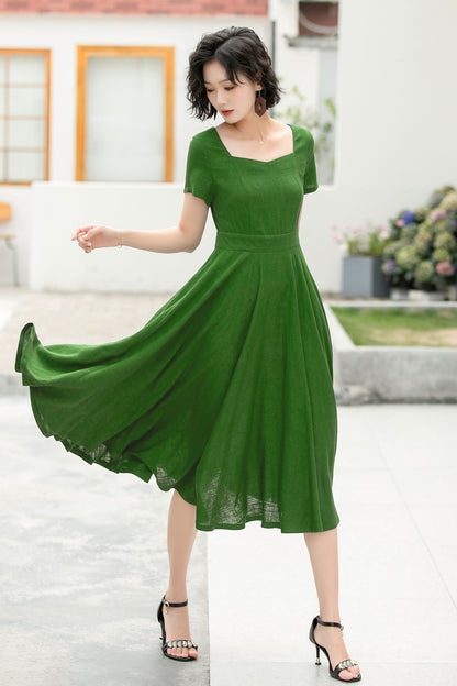 Emerald Green Linen Cotton Midi Dress - A-Line Silhouette 6051
