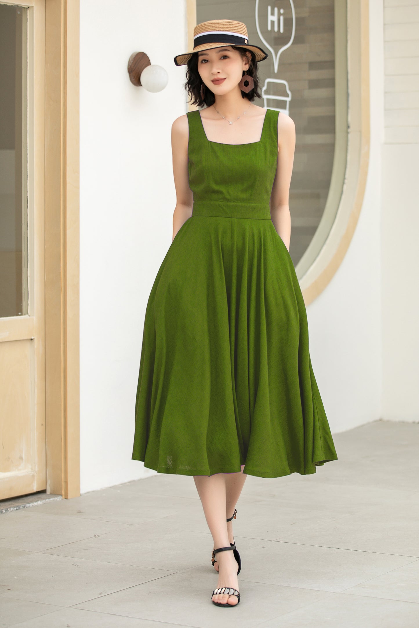 Stylish A-Line Linen Suspender Dress with Square Neckline | Xiaolizi 6071
