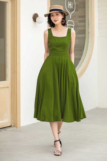 Stylish A-Line Linen Suspender Dress with Square Neckline | Xiaolizi 6071