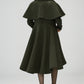 Army Green Wool Coat – Vintage Winter Cape Overcoat with High-Low Hem 6549