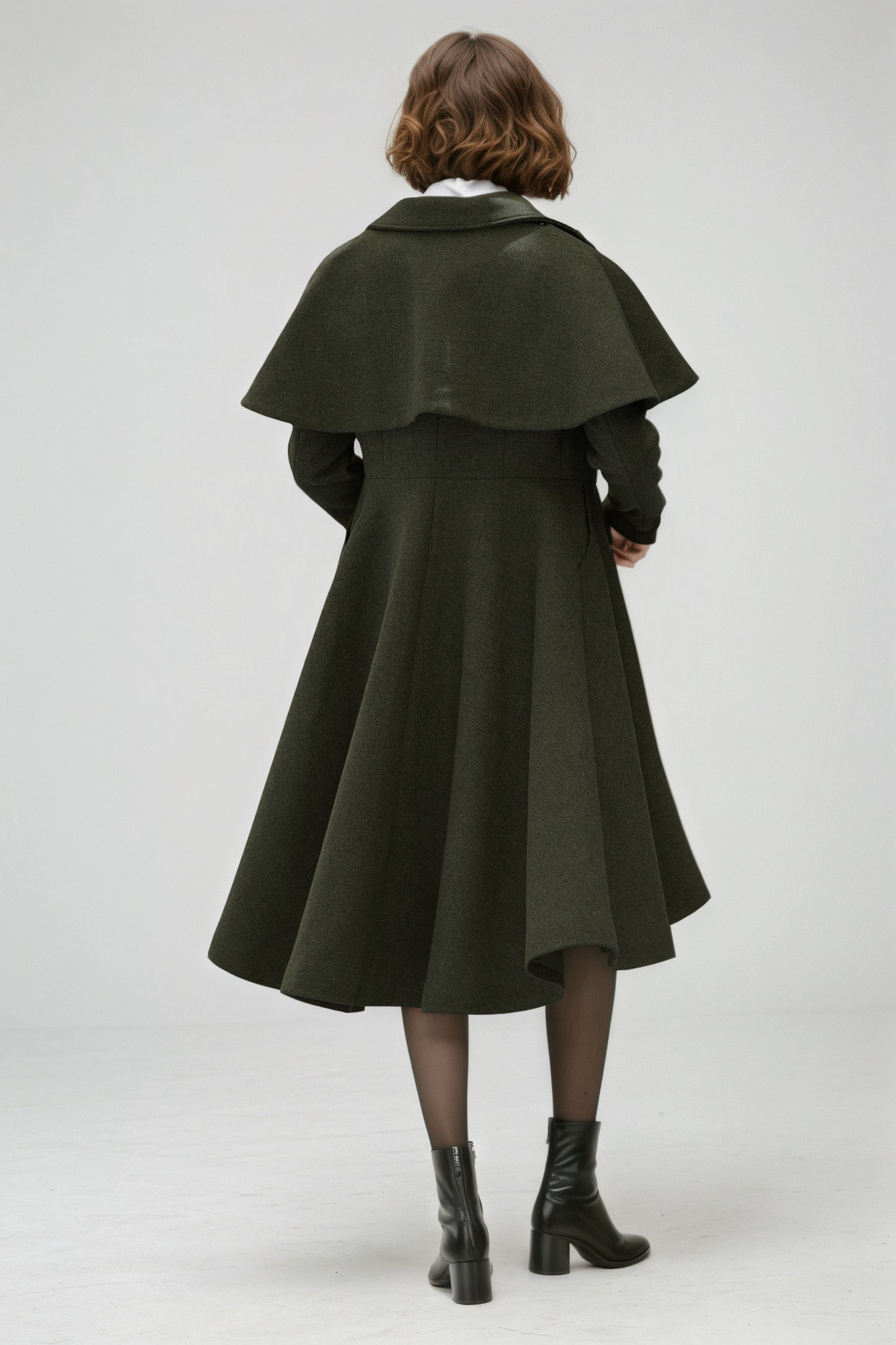 Army Green Wool Coat – Vintage Winter Cape Overcoat with High-Low Hem 6549