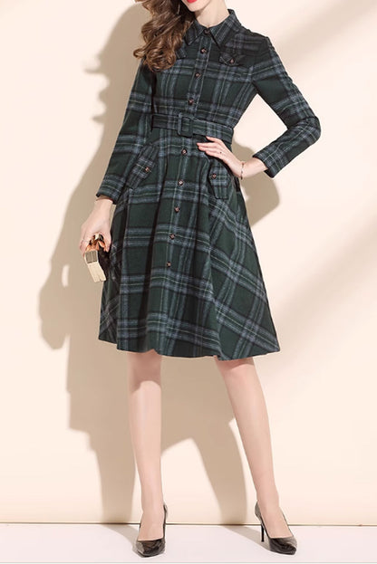 Plaid Wool Dress with Tie Belt Waist - Fit & Flared Knee Length 4802