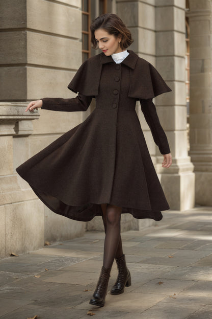 Brown Wool Coat – Vintage Winter Cape Overcoat with High-Low Hem 6548
