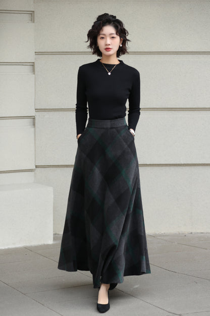 Xiaolizi Dark Plaid Wool Maxi Skirt for Women – Handmade A-Line Winter Swing Skirt 6606