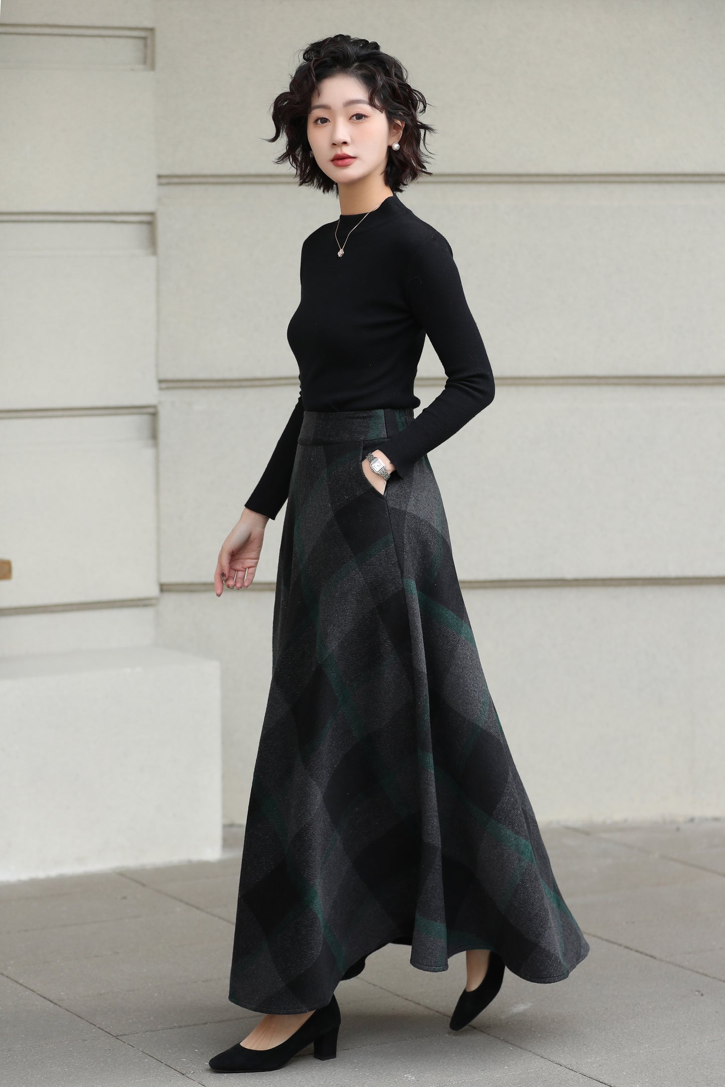 Xiaolizi Dark Plaid Wool Maxi Skirt for Women – Handmade A-Line Winter Swing Skirt 6606