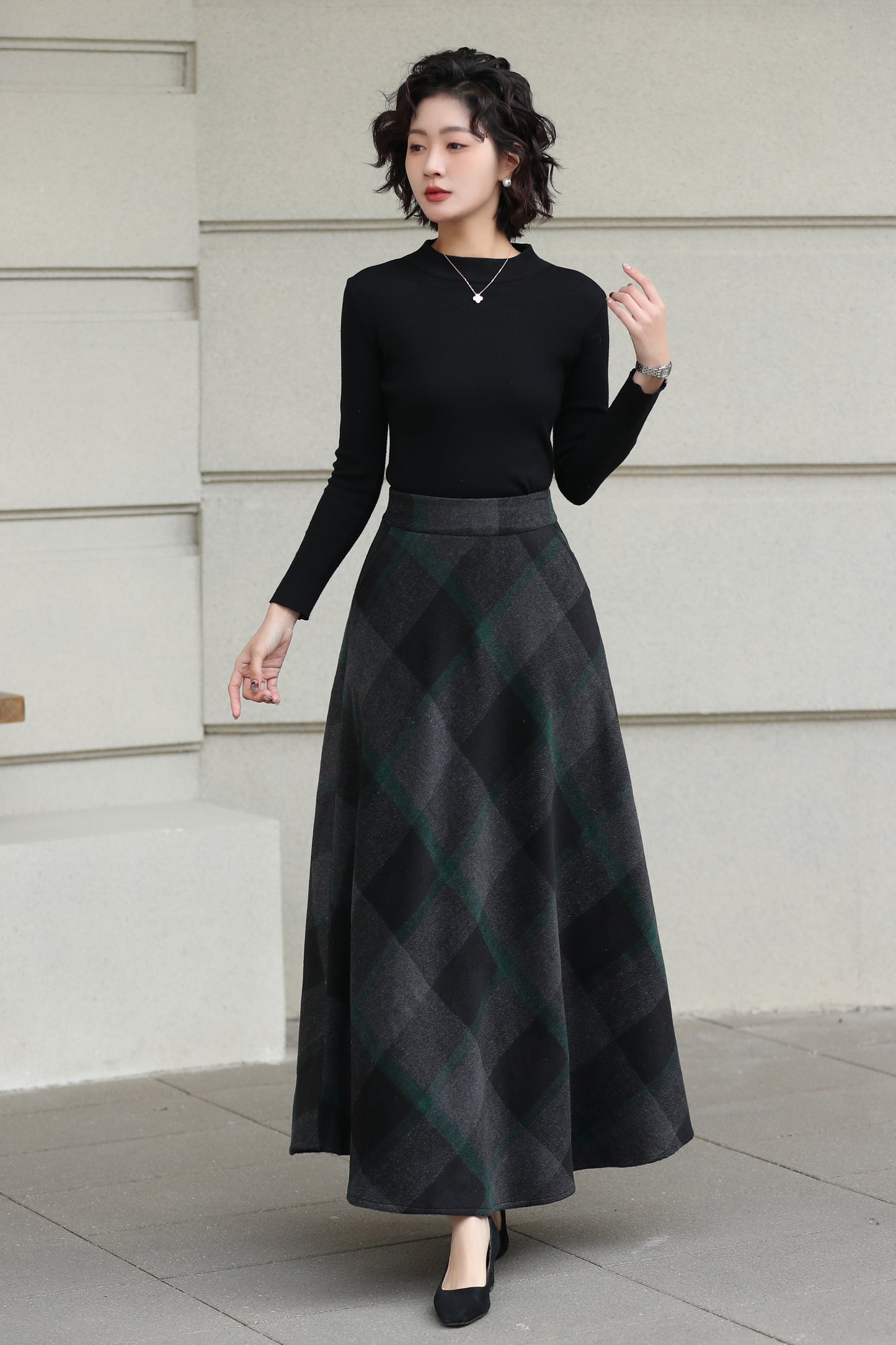 Xiaolizi Dark Plaid Wool Maxi Skirt for Women – Handmade A-Line Winter Swing Skirt 6606