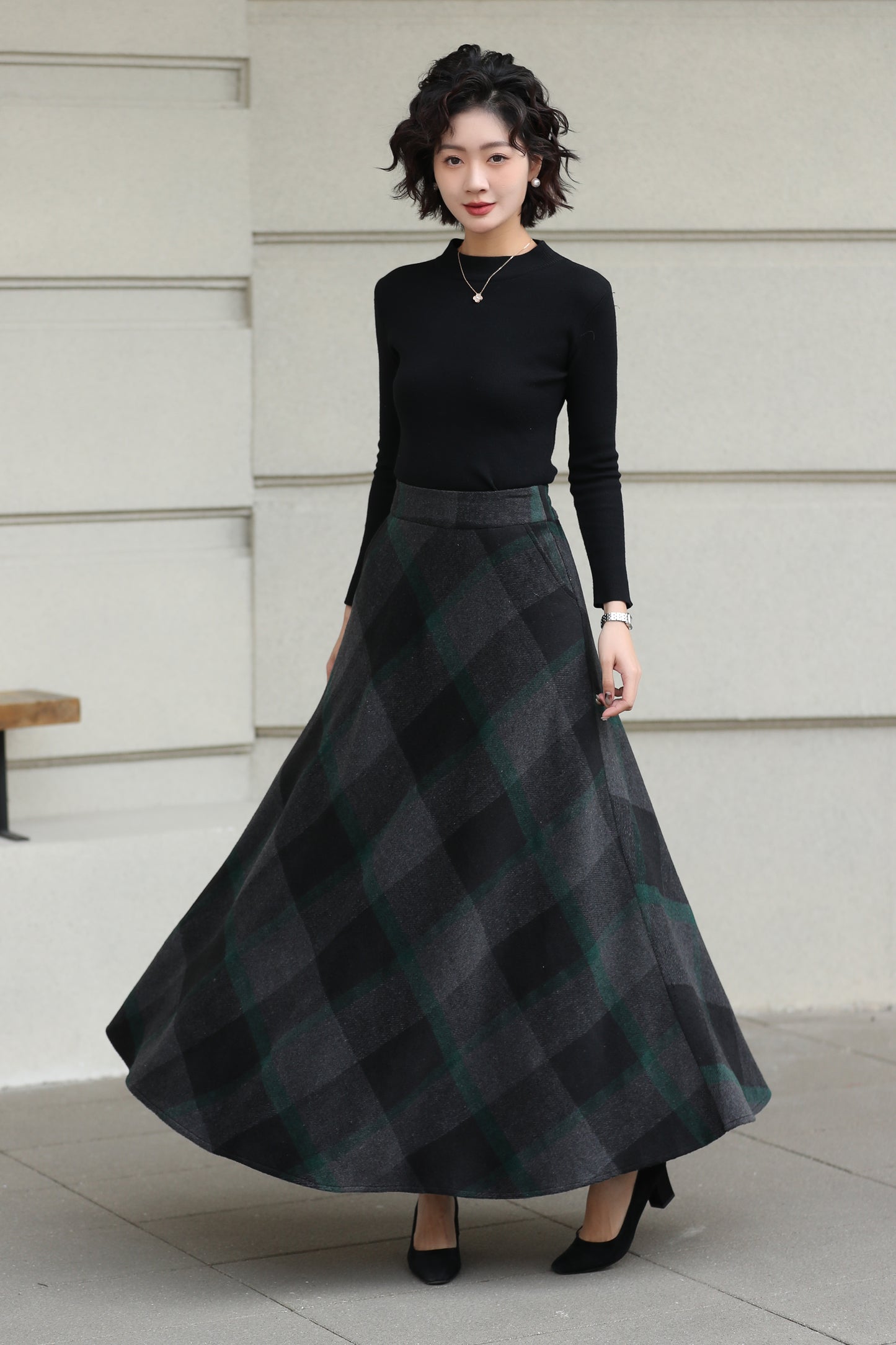Xiaolizi Dark Plaid Wool Maxi Skirt for Women – Handmade A-Line Winter Swing Skirt 6606