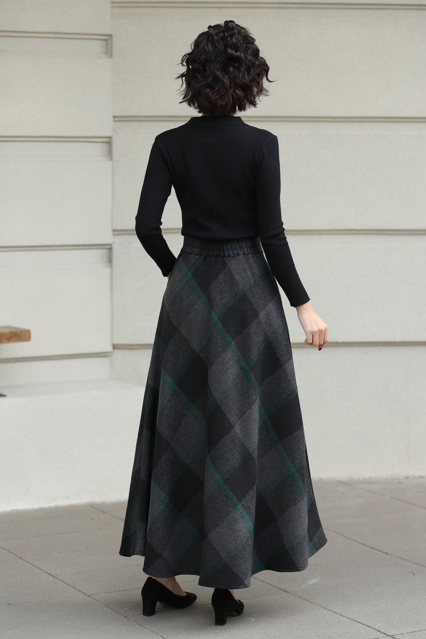 Xiaolizi Dark Plaid Wool Maxi Skirt for Women – Handmade A-Line Winter Swing Skirt 6606