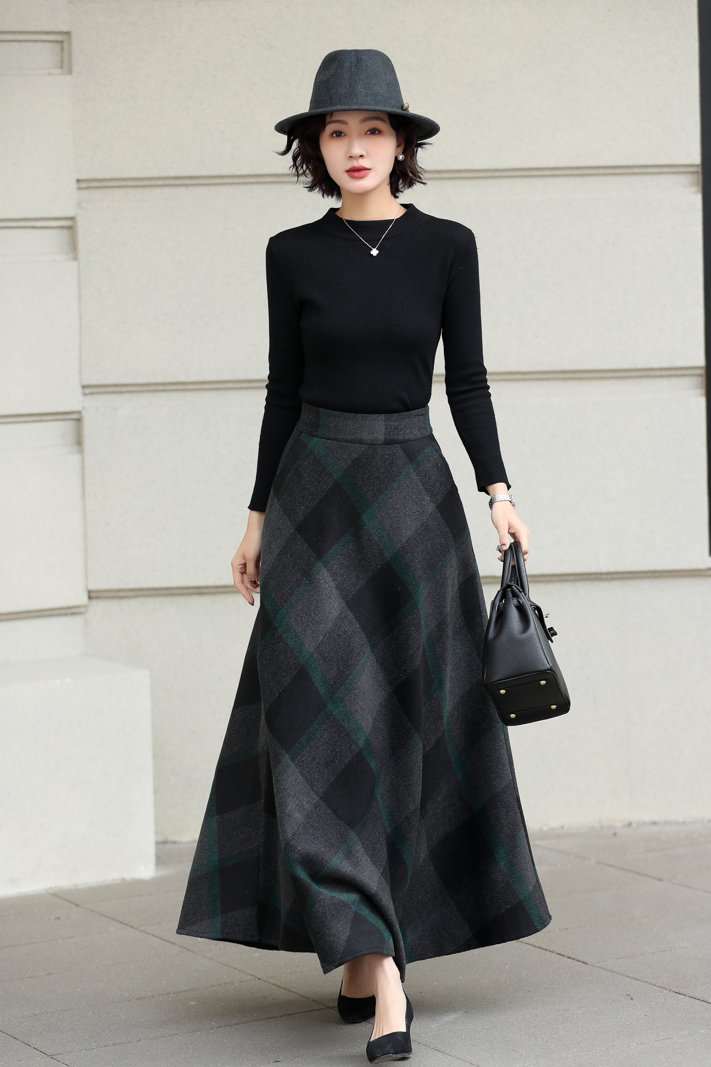 Xiaolizi Dark Plaid Wool Maxi Skirt for Women – Handmade A-Line Winter Swing Skirt 6606