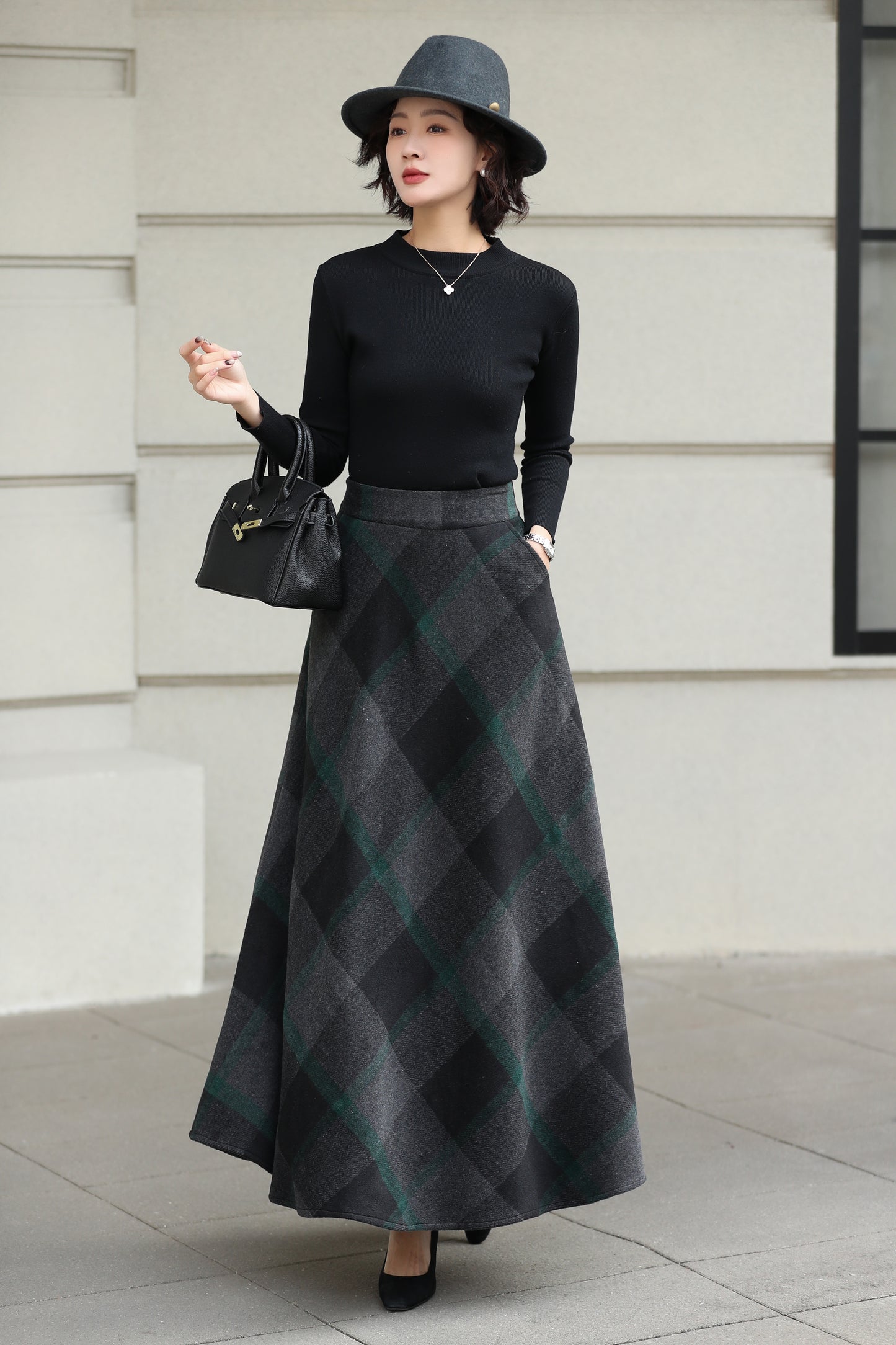 Xiaolizi Dark Plaid Wool Maxi Skirt for Women – Handmade A-Line Winter Swing Skirt 6606