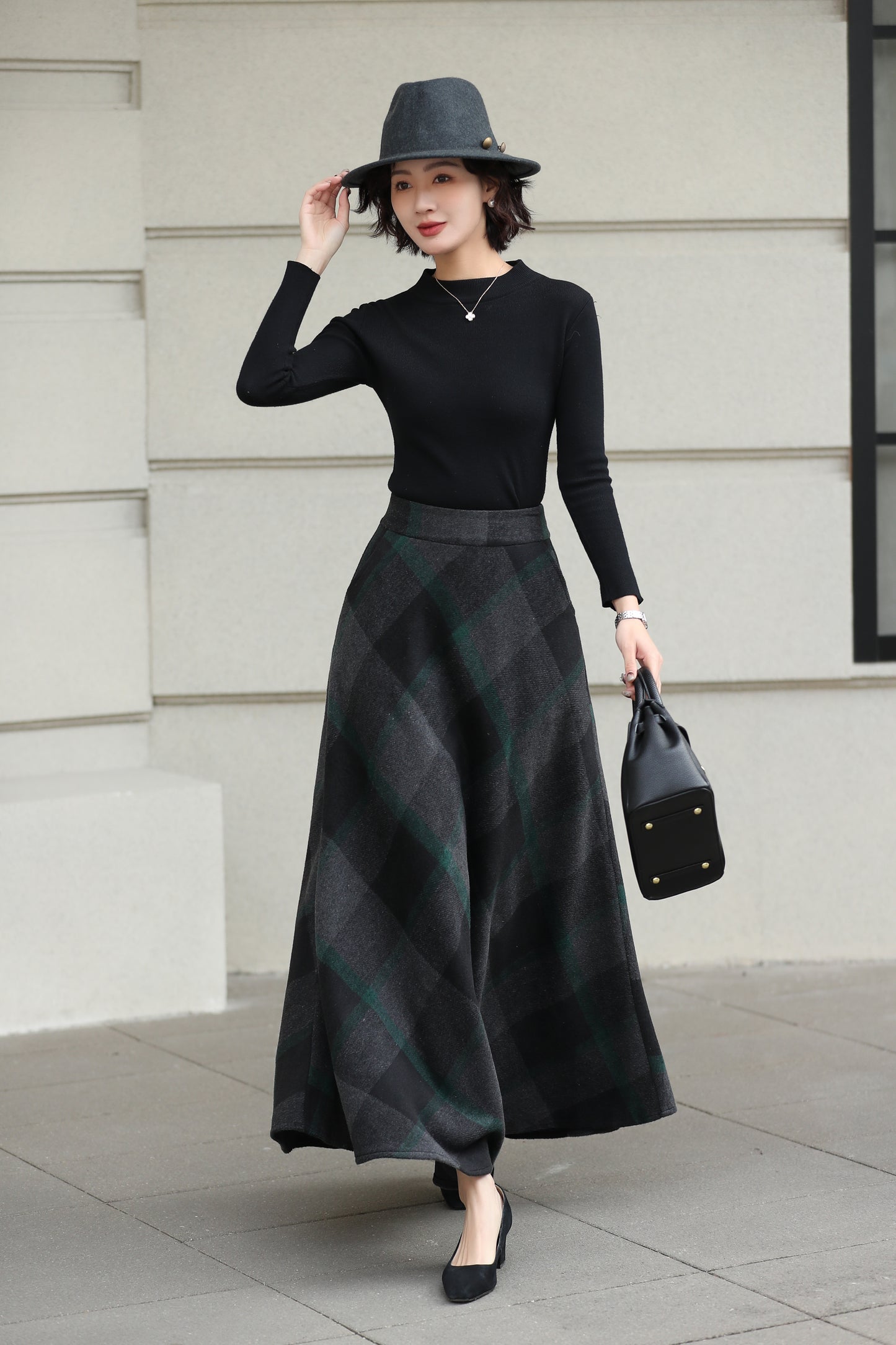 Xiaolizi Dark Plaid Wool Maxi Skirt for Women – Handmade A-Line Winter Swing Skirt 6606