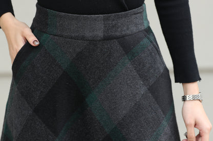 Xiaolizi Dark Plaid Wool Maxi Skirt for Women – Handmade A-Line Winter Swing Skirt 6606