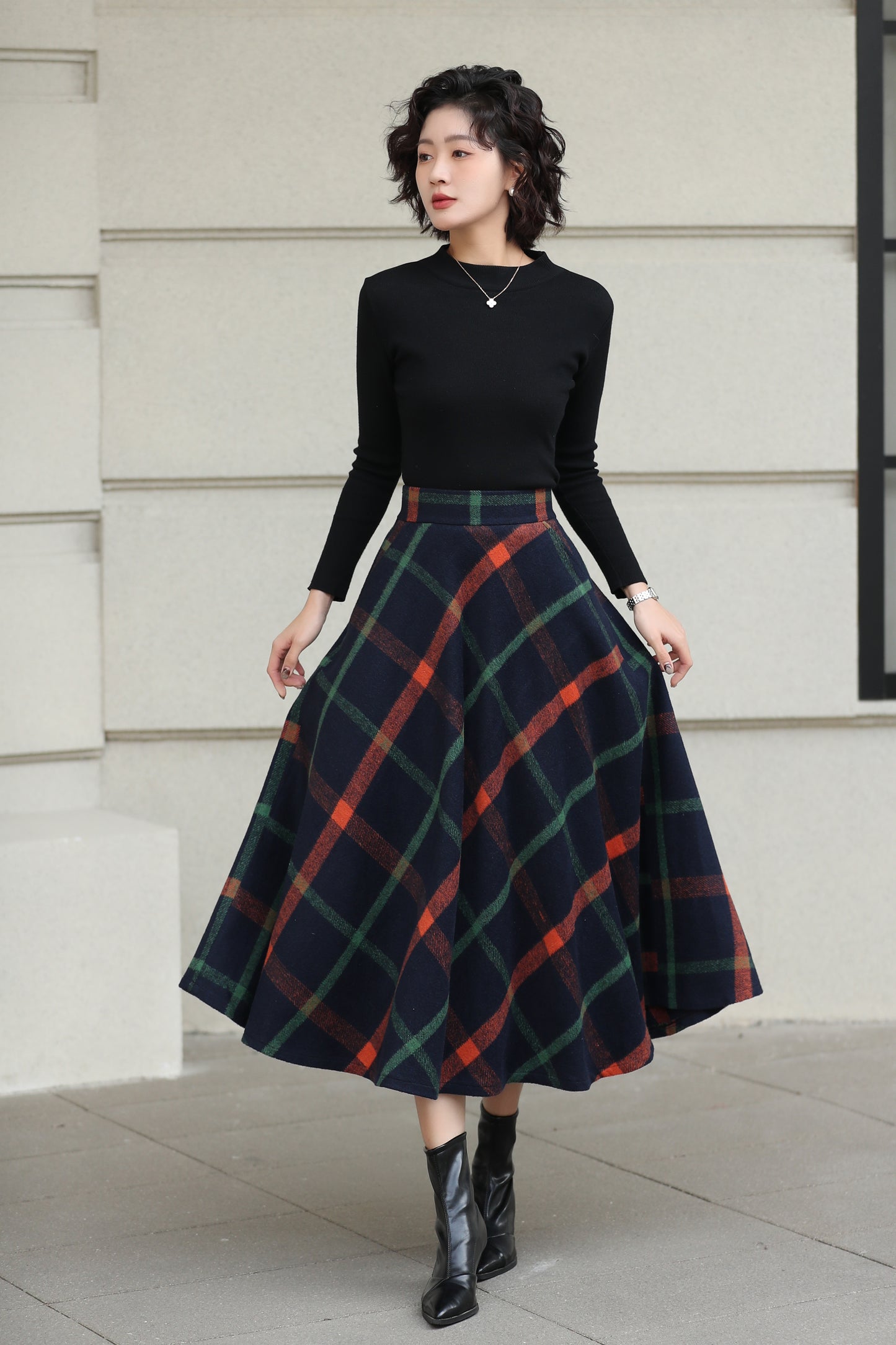 Xiaolizi Plaid Wool Midi Skirt for Women – Handmade A-Line Winter Mid-Length Skirt 6607