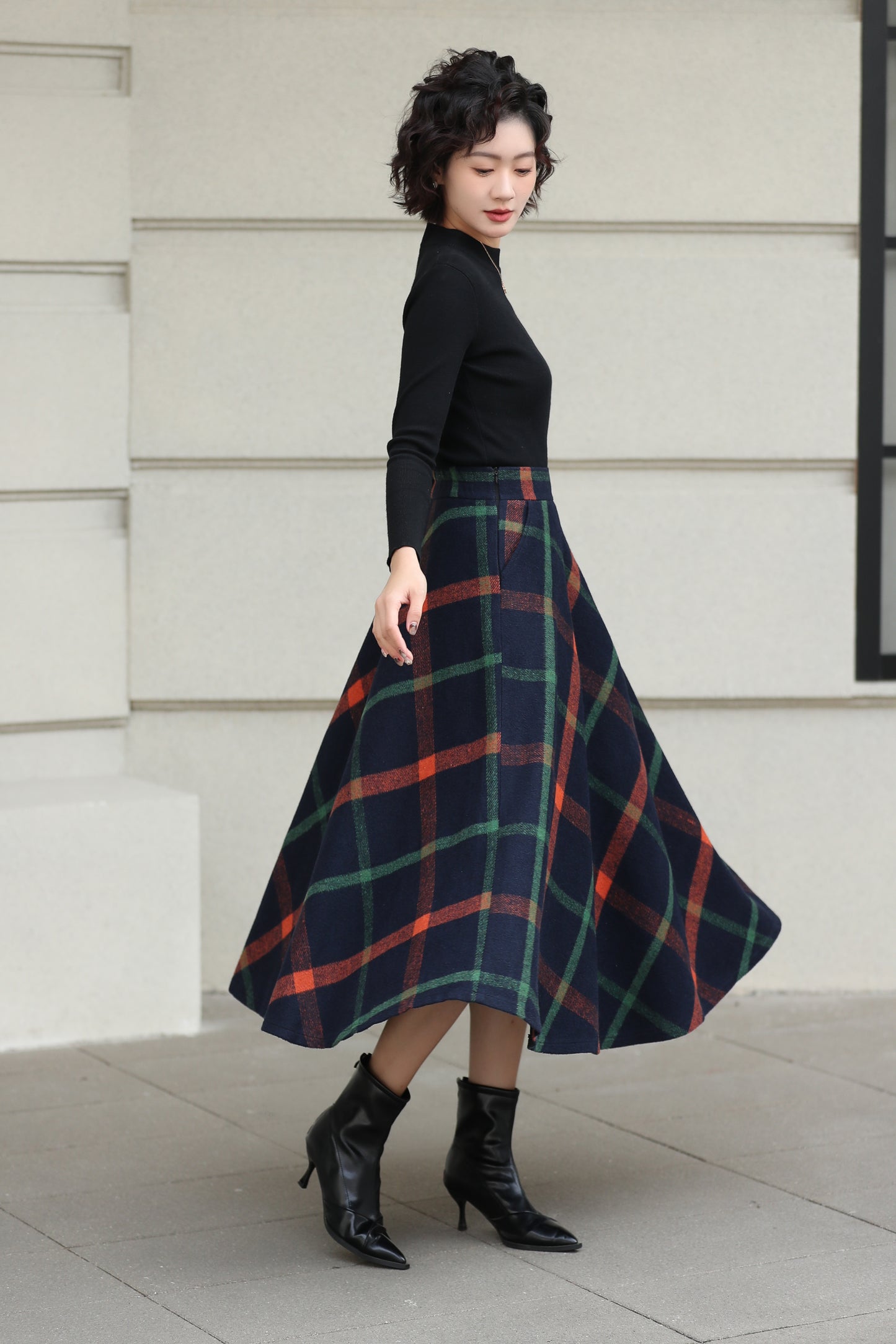 Xiaolizi Plaid Wool Midi Skirt for Women – Handmade A-Line Winter Mid-Length Skirt 6607