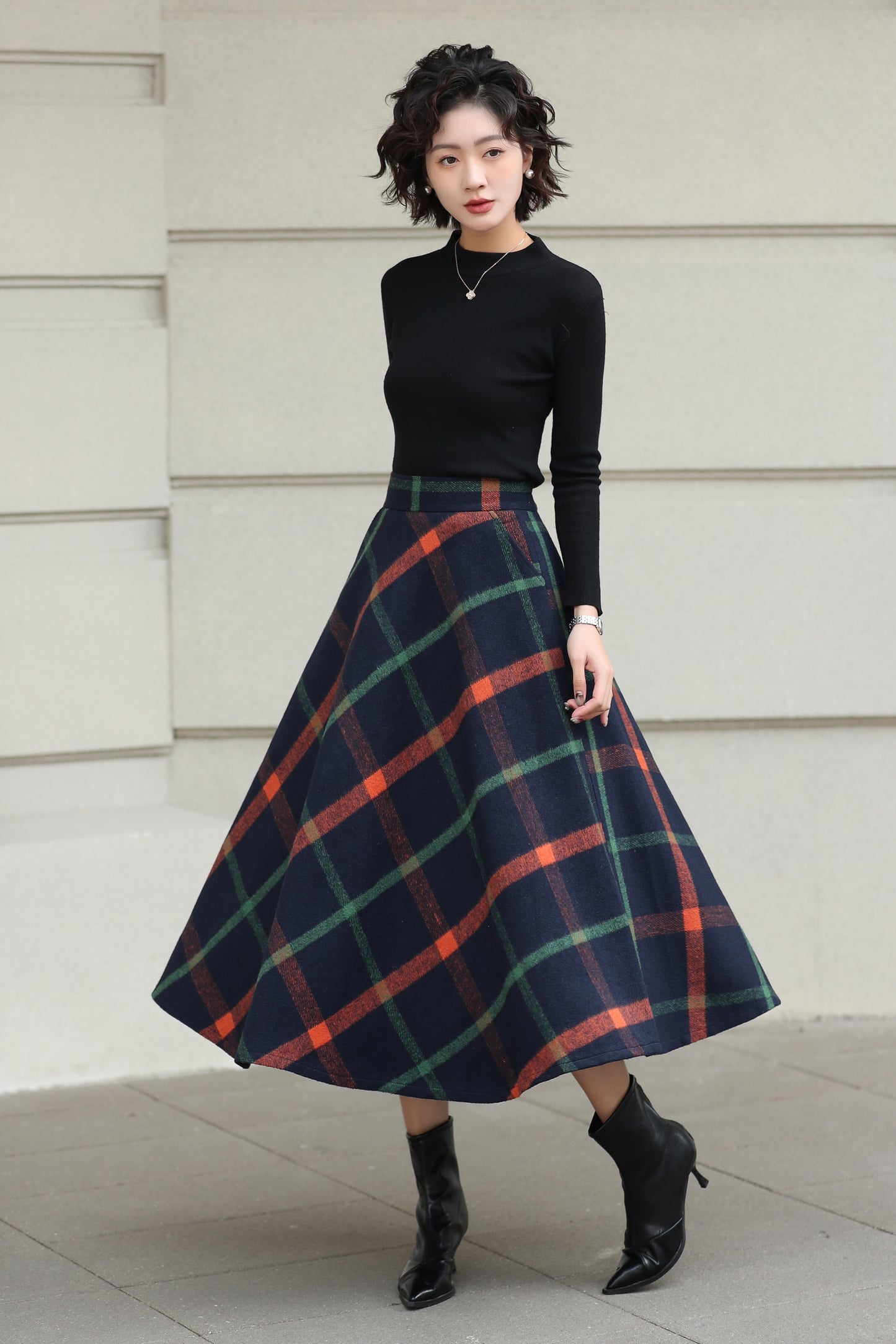 Xiaolizi Plaid Wool Midi Skirt for Women – Handmade A-Line Winter Mid-Length Skirt 6607