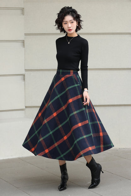 Xiaolizi Plaid Wool Midi Skirt for Women – Handmade A-Line Winter Mid-Length Skirt 6607