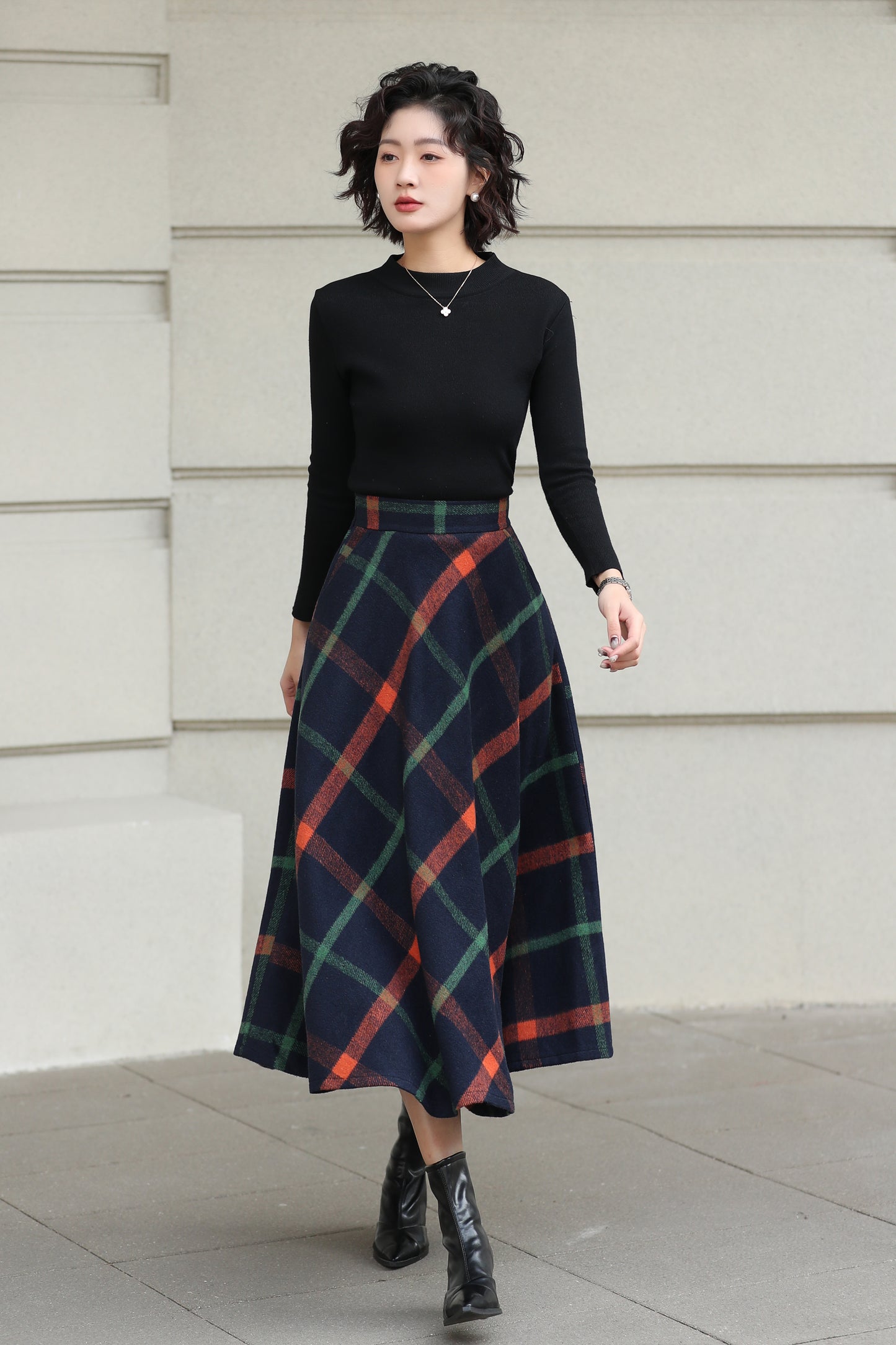 Xiaolizi Plaid Wool Midi Skirt for Women – Handmade A-Line Winter Mid-Length Skirt 6607