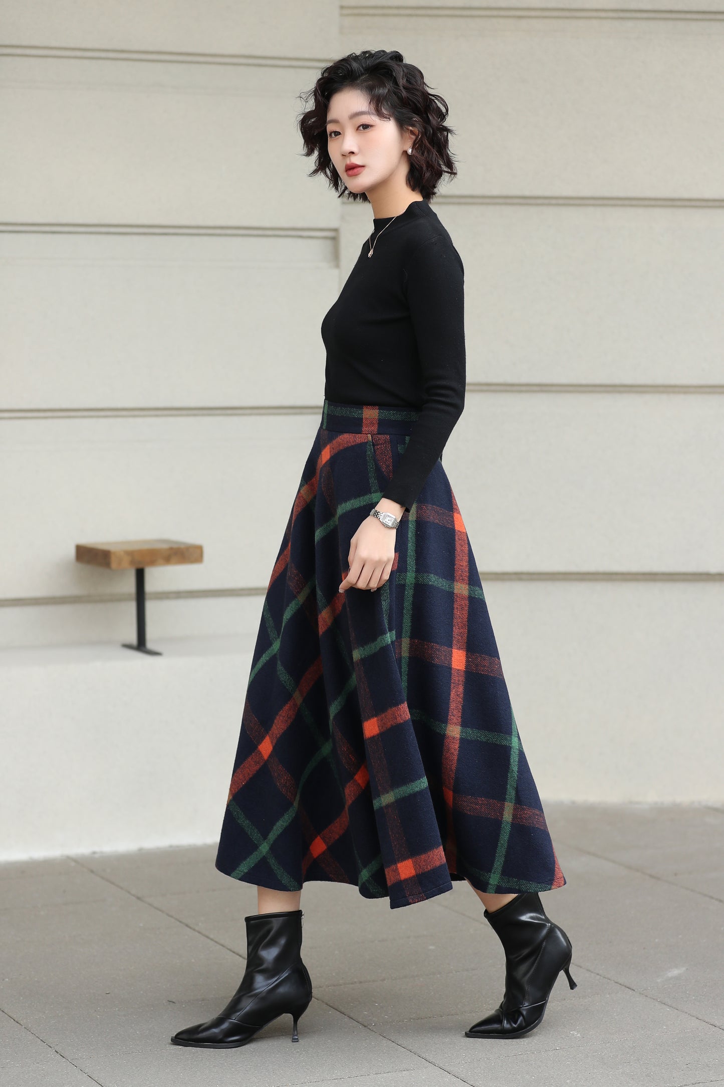 Xiaolizi Plaid Wool Midi Skirt for Women – Handmade A-Line Winter Mid-Length Skirt 6607