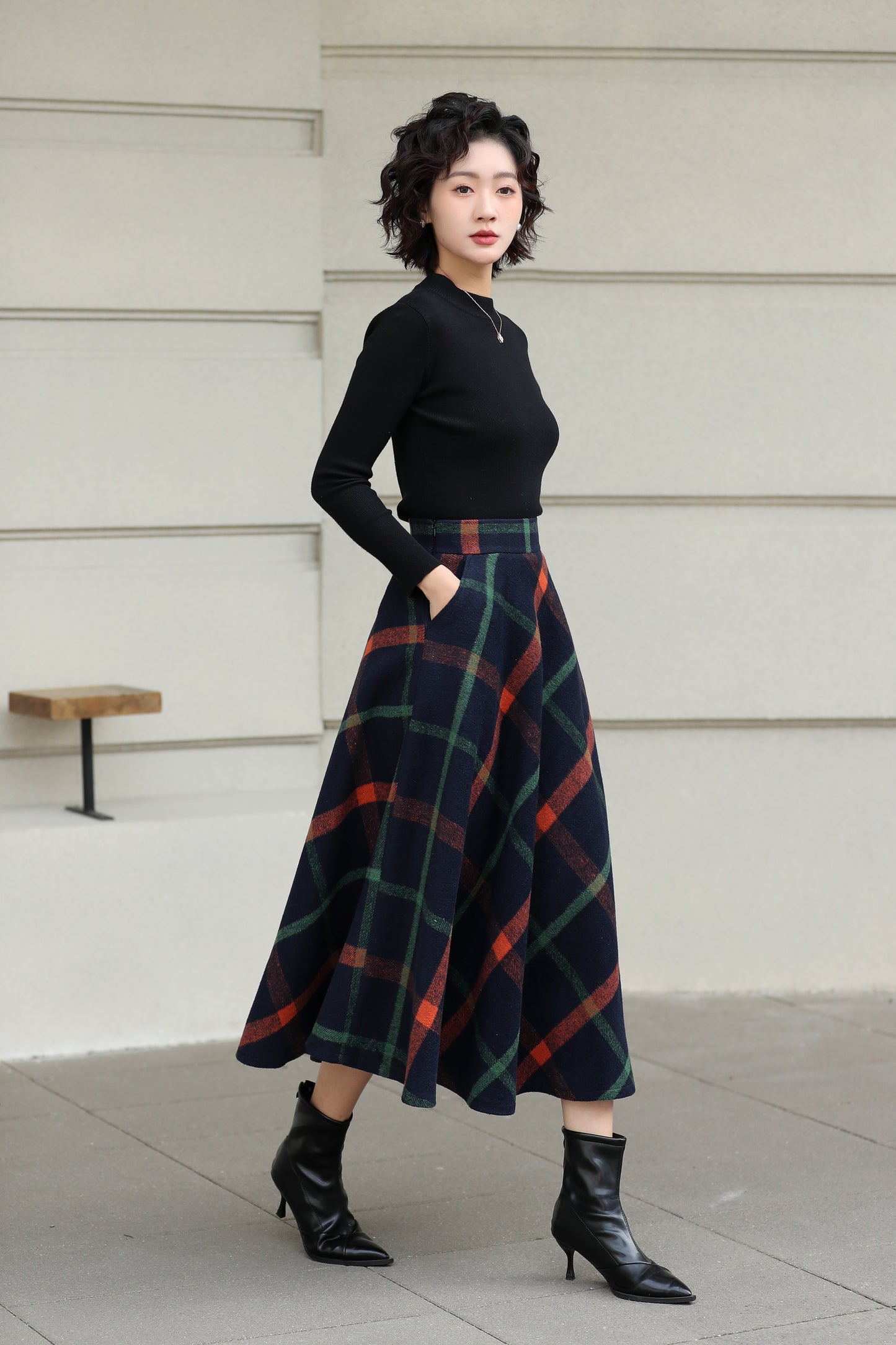 Xiaolizi Plaid Wool Midi Skirt for Women – Handmade A-Line Winter Mid-Length Skirt 6607