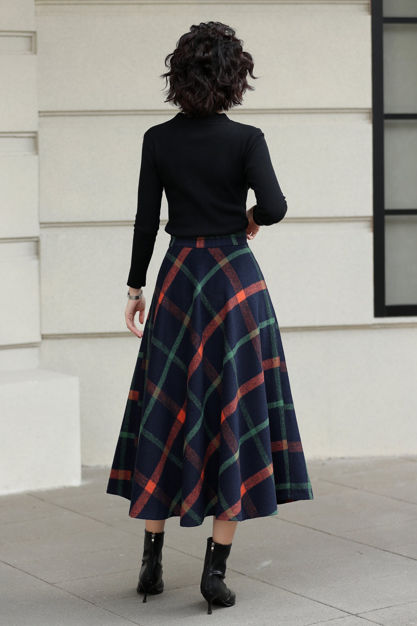 Xiaolizi Plaid Wool Midi Skirt for Women – Handmade A-Line Winter Mid-Length Skirt 6607