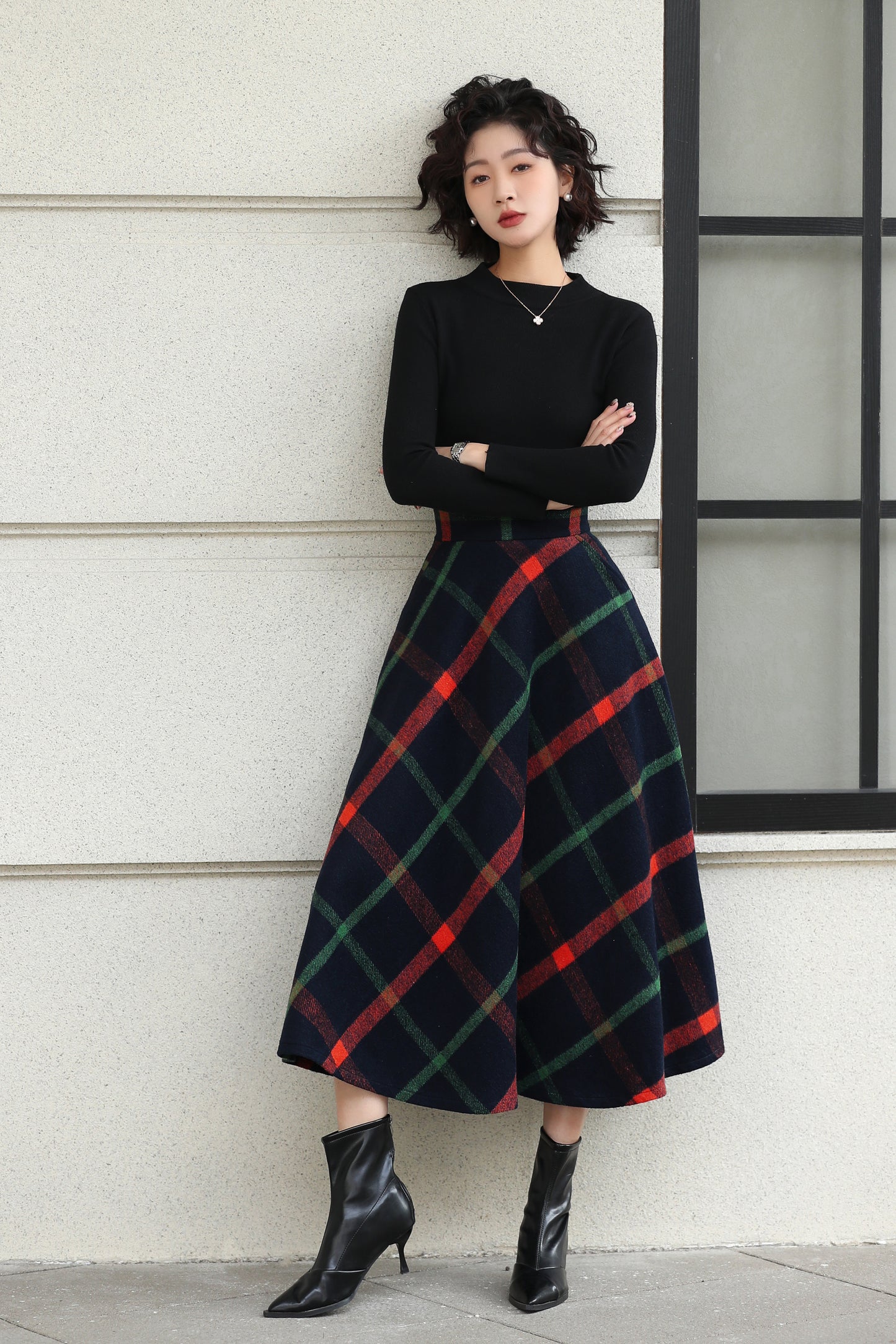 Xiaolizi Plaid Wool Midi Skirt for Women – Handmade A-Line Winter Mid-Length Skirt 6607
