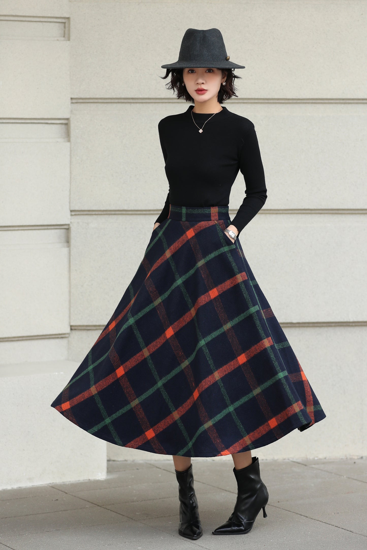 Xiaolizi Plaid Wool Midi Skirt for Women – Handmade A-Line Winter Mid-Length Skirt 6607