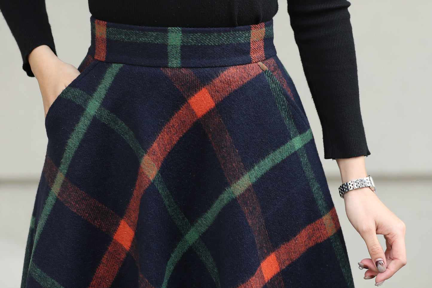 Xiaolizi Plaid Wool Midi Skirt for Women – Handmade A-Line Winter Mid-Length Skirt 6607