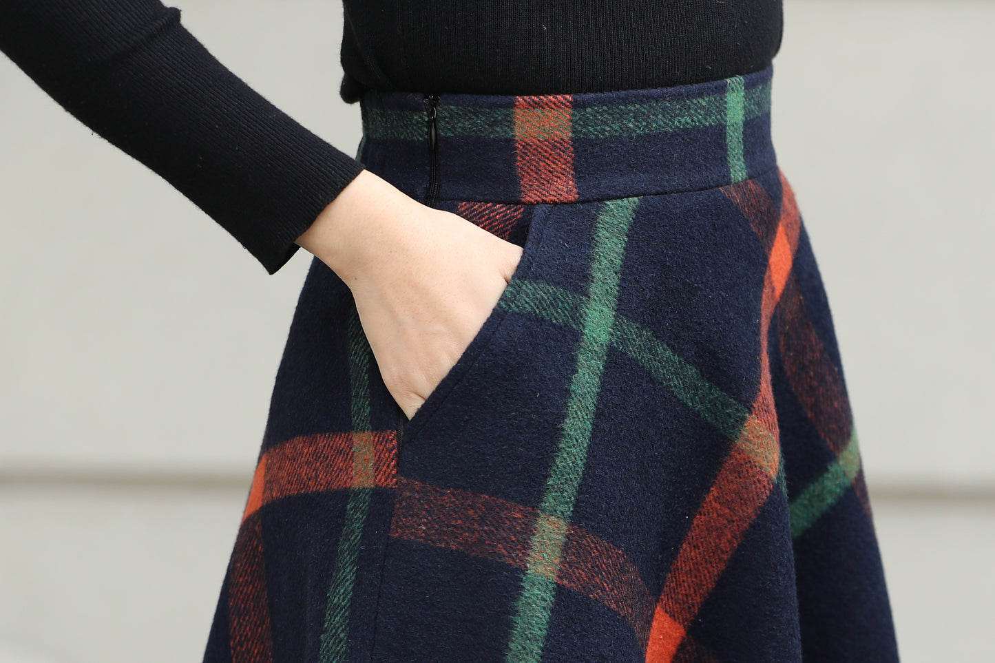 Xiaolizi Plaid Wool Midi Skirt for Women – Handmade A-Line Winter Mid-Length Skirt 6607