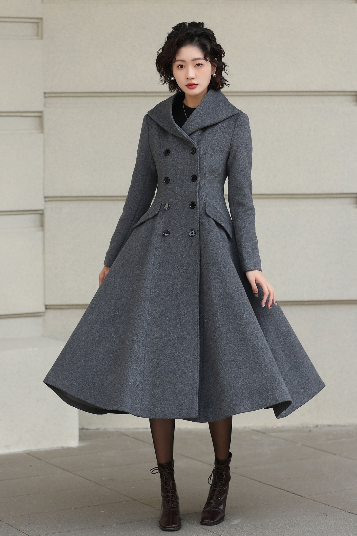 Xiaolizi Gray Hooded Wool Coat for Women – Handmade A-Line Double-Breasted Winter Coat 6609