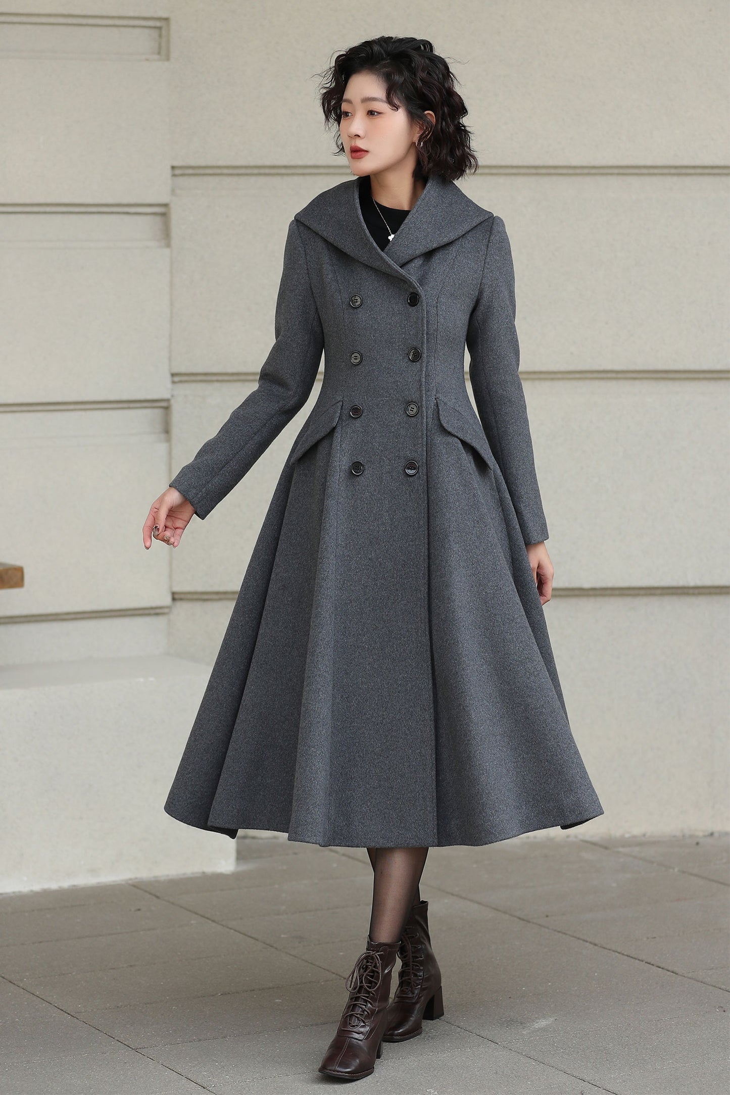 Xiaolizi Gray Hooded Wool Coat for Women – Handmade A-Line Double-Breasted Winter Coat 6609