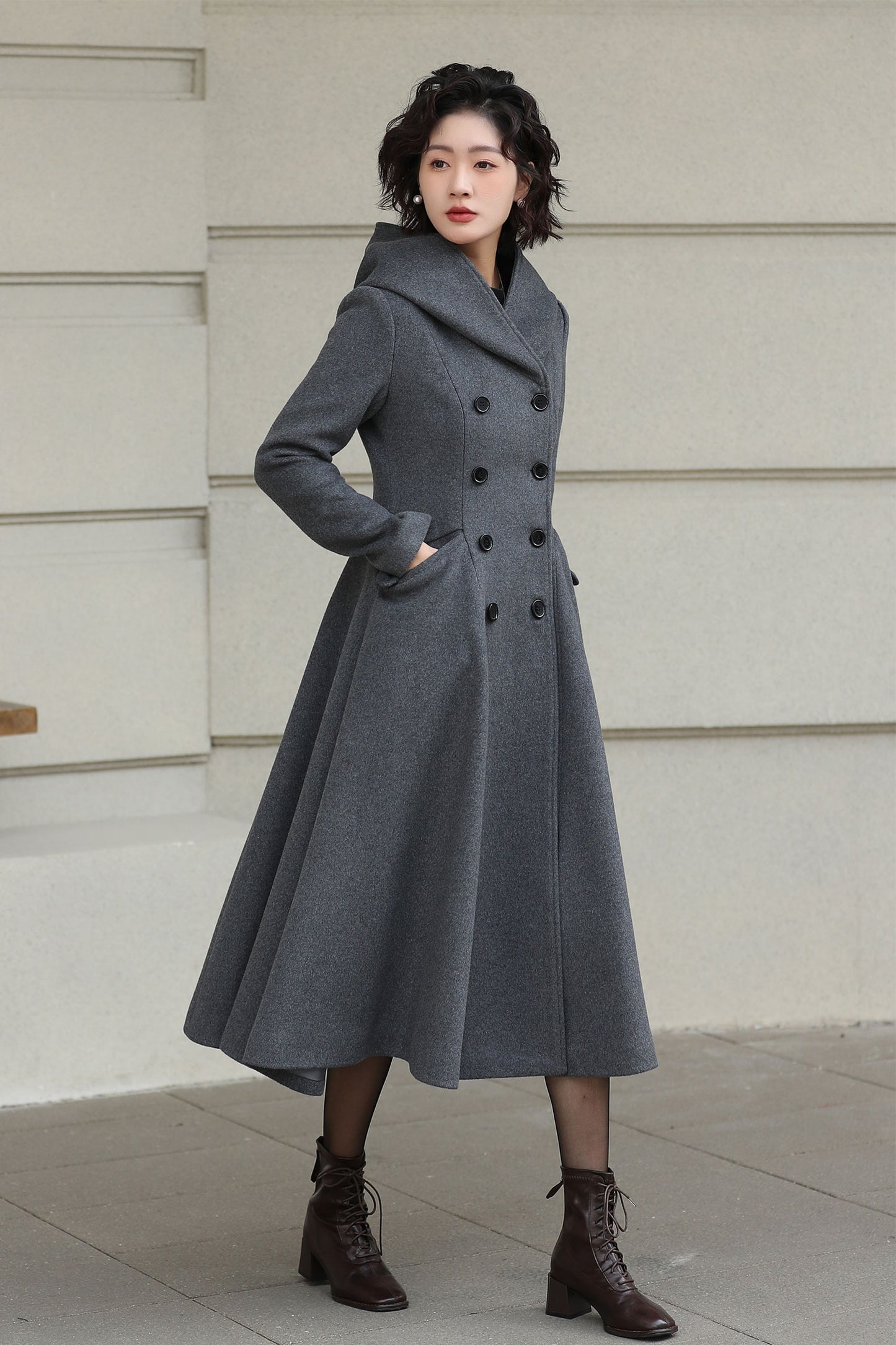 Xiaolizi Gray Hooded Wool Coat for Women – Handmade A-Line Double-Breasted Winter Coat 6609