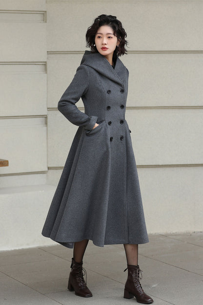 Xiaolizi Gray Hooded Wool Coat for Women – Handmade A-Line Double-Breasted Winter Coat 6609