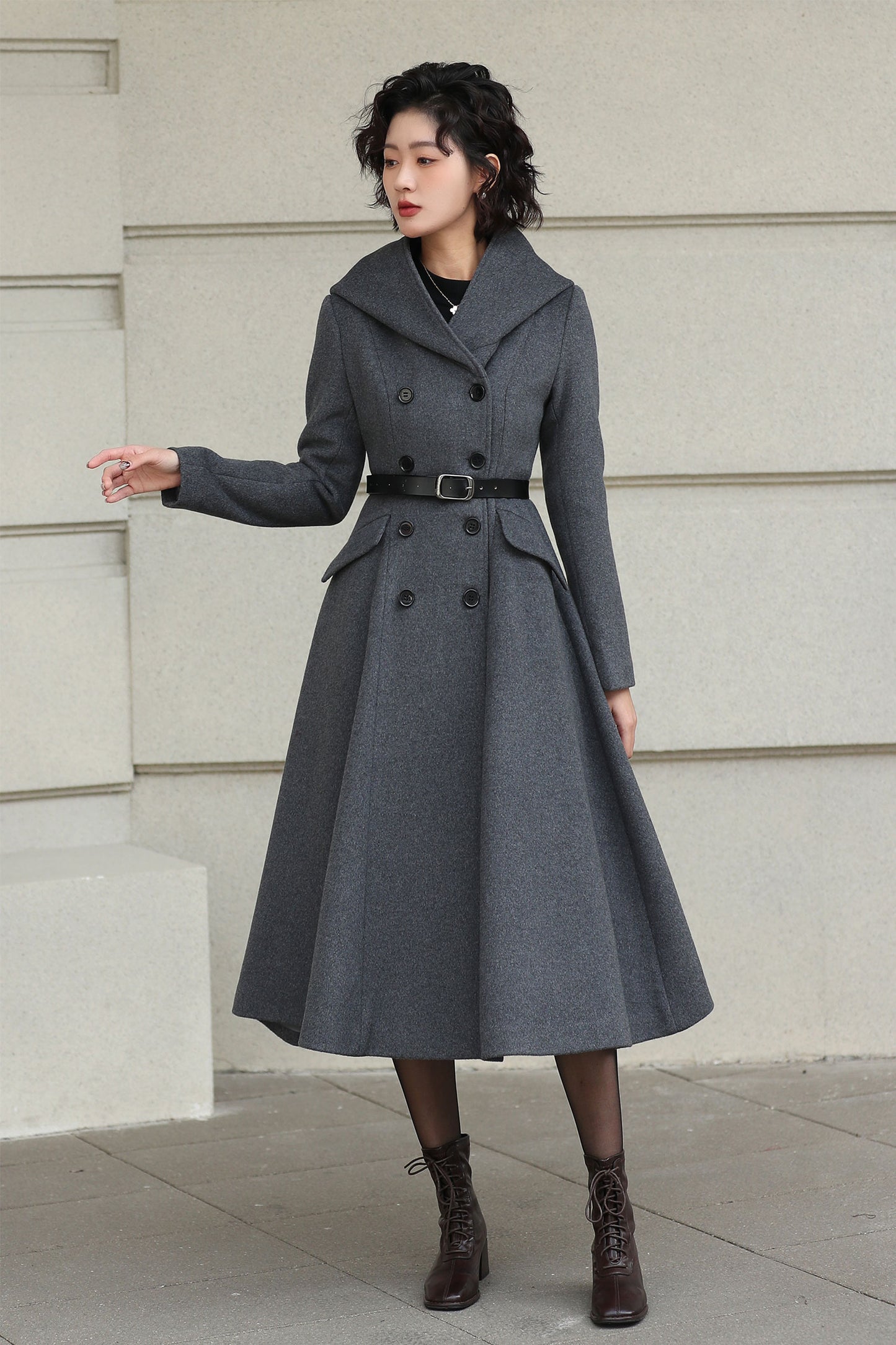 Xiaolizi Gray Hooded Wool Coat for Women – Handmade A-Line Double-Breasted Winter Coat 6609