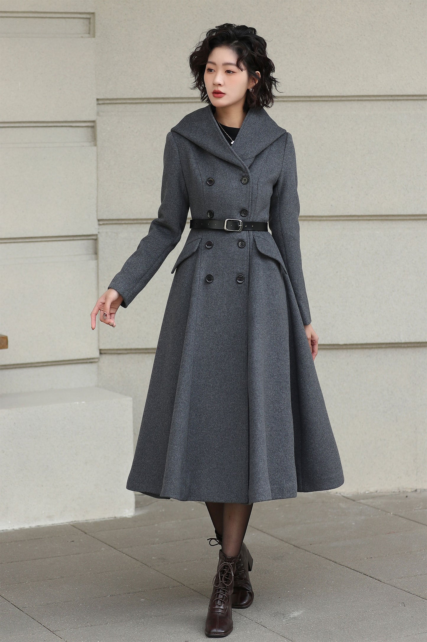 Xiaolizi Gray Hooded Wool Coat for Women – Handmade A-Line Double-Breasted Winter Coat 6609