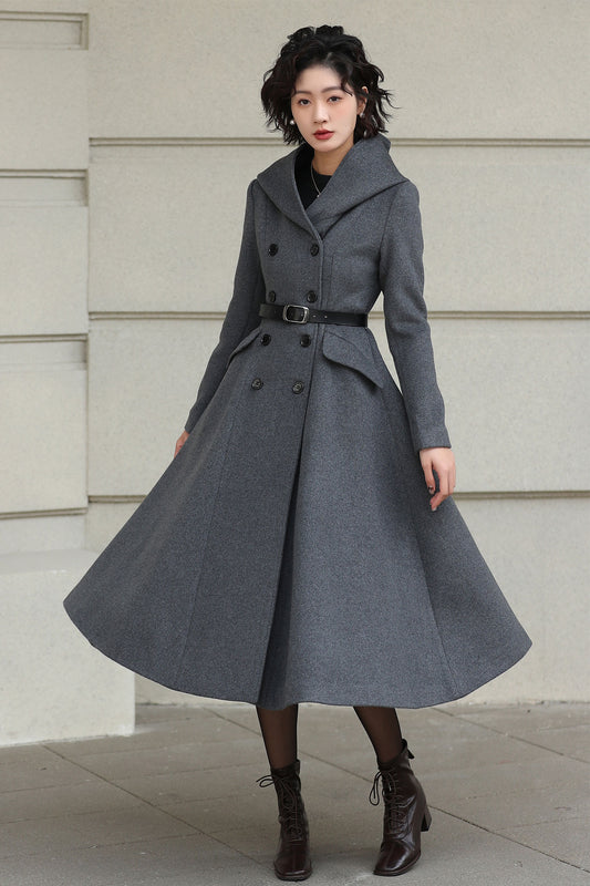 Xiaolizi Gray Hooded Wool Coat for Women – Handmade A-Line Double-Breasted Winter Coat 6609
