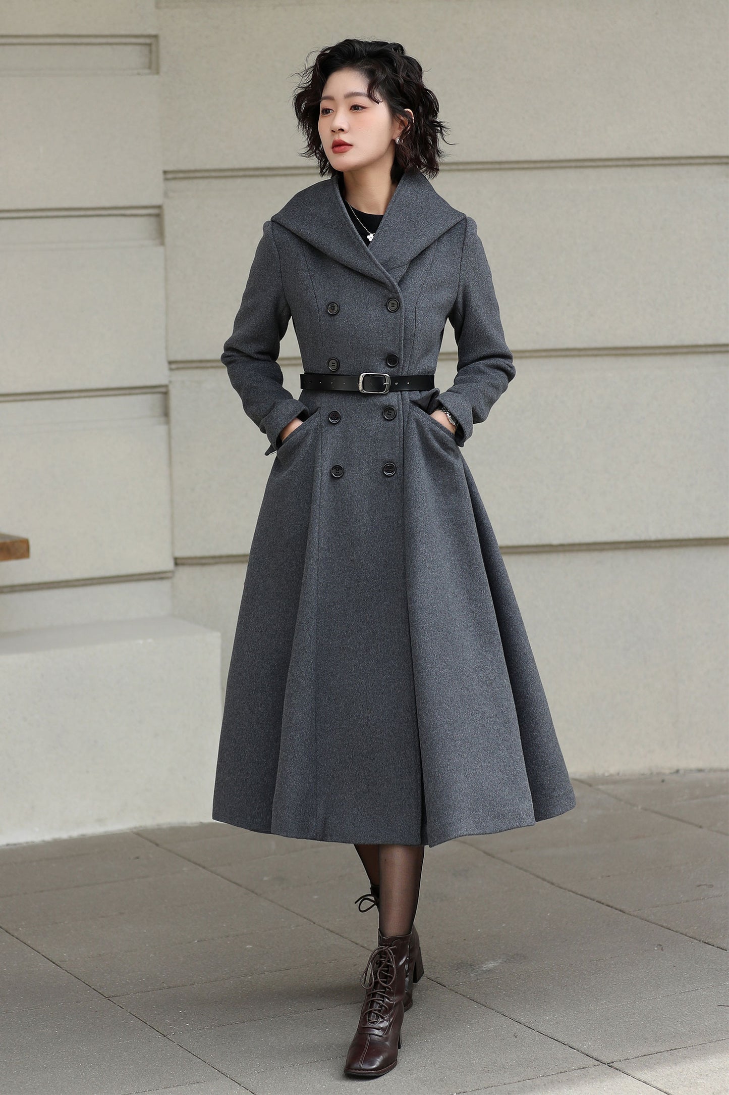 Xiaolizi Gray Hooded Wool Coat for Women – Handmade A-Line Double-Breasted Winter Coat 6609