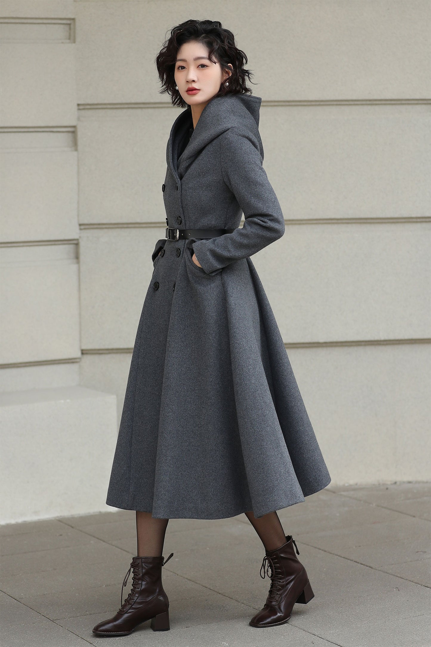 Xiaolizi Gray Hooded Wool Coat for Women – Handmade A-Line Double-Breasted Winter Coat 6609