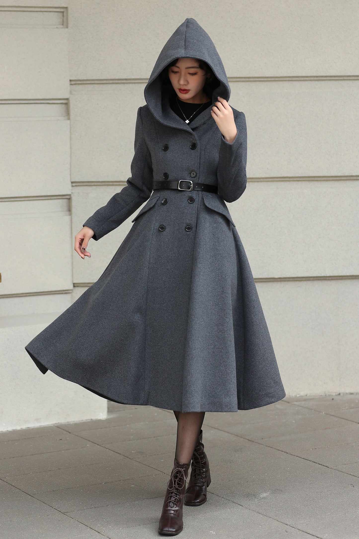 Xiaolizi Gray Hooded Wool Coat for Women – Handmade A-Line Double-Breasted Winter Coat 6609