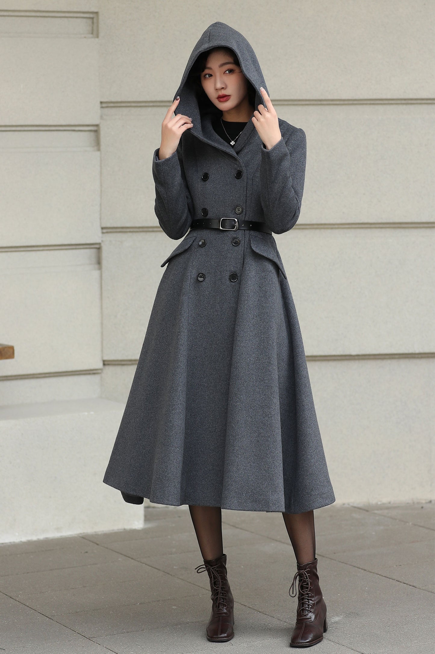 Xiaolizi Gray Hooded Wool Coat for Women – Handmade A-Line Double-Breasted Winter Coat 6609