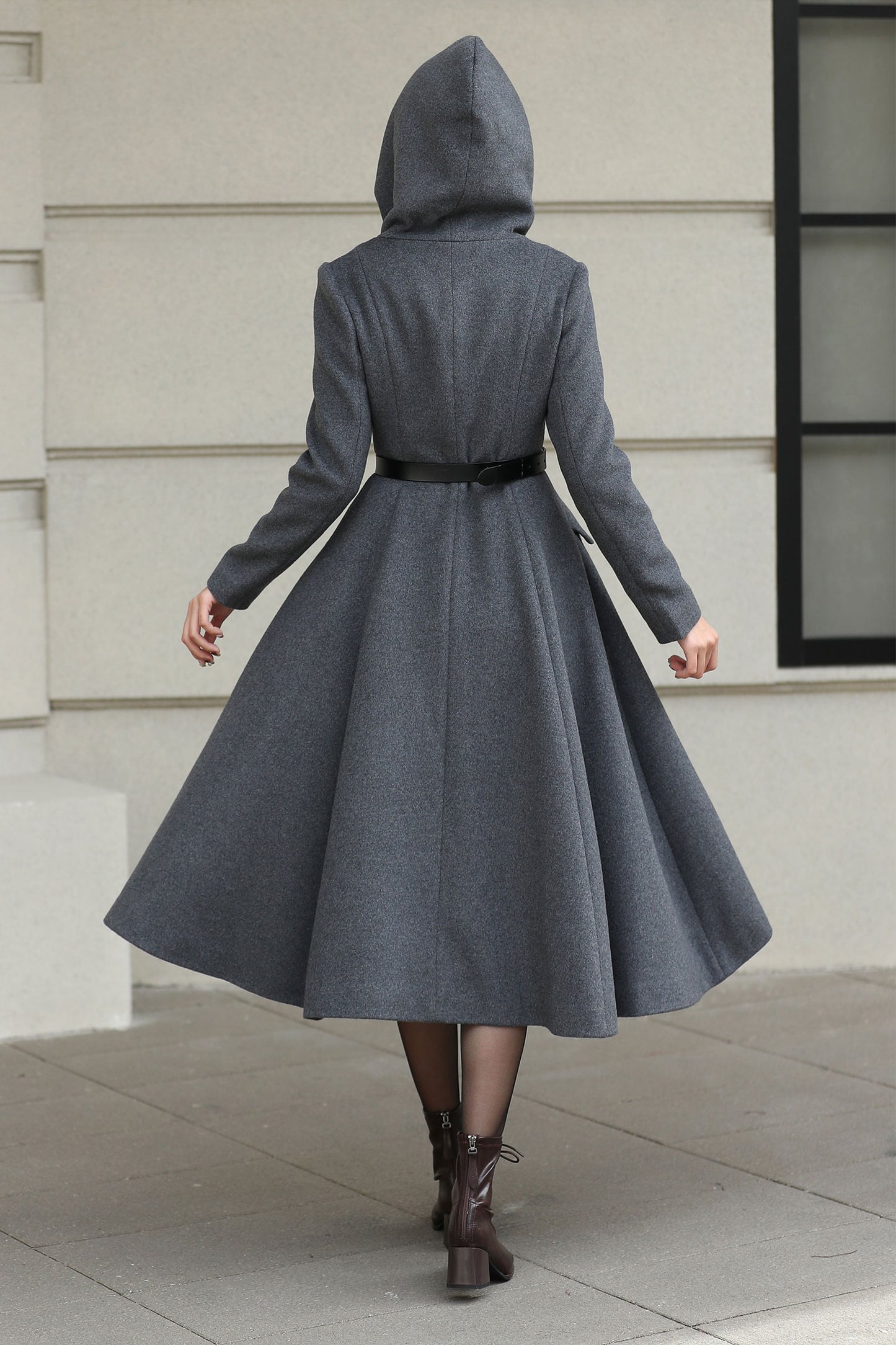 Xiaolizi Gray Hooded Wool Coat for Women – Handmade A-Line Double-Breasted Winter Coat 6609